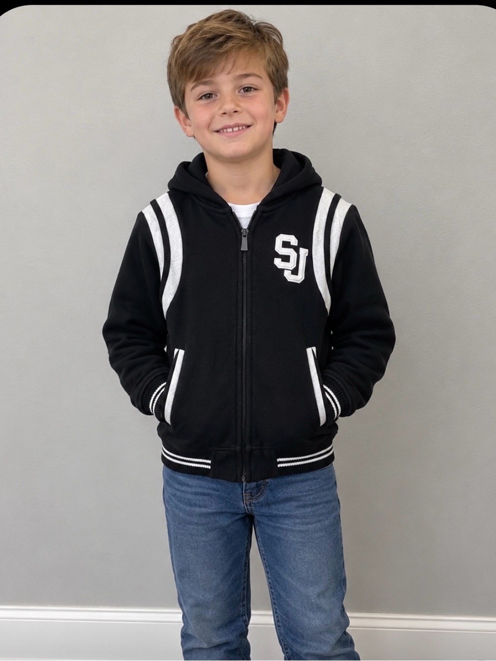 Sean John Boys Medium Black Zip Up Hoodie SJ Letterman Striped Y2K
